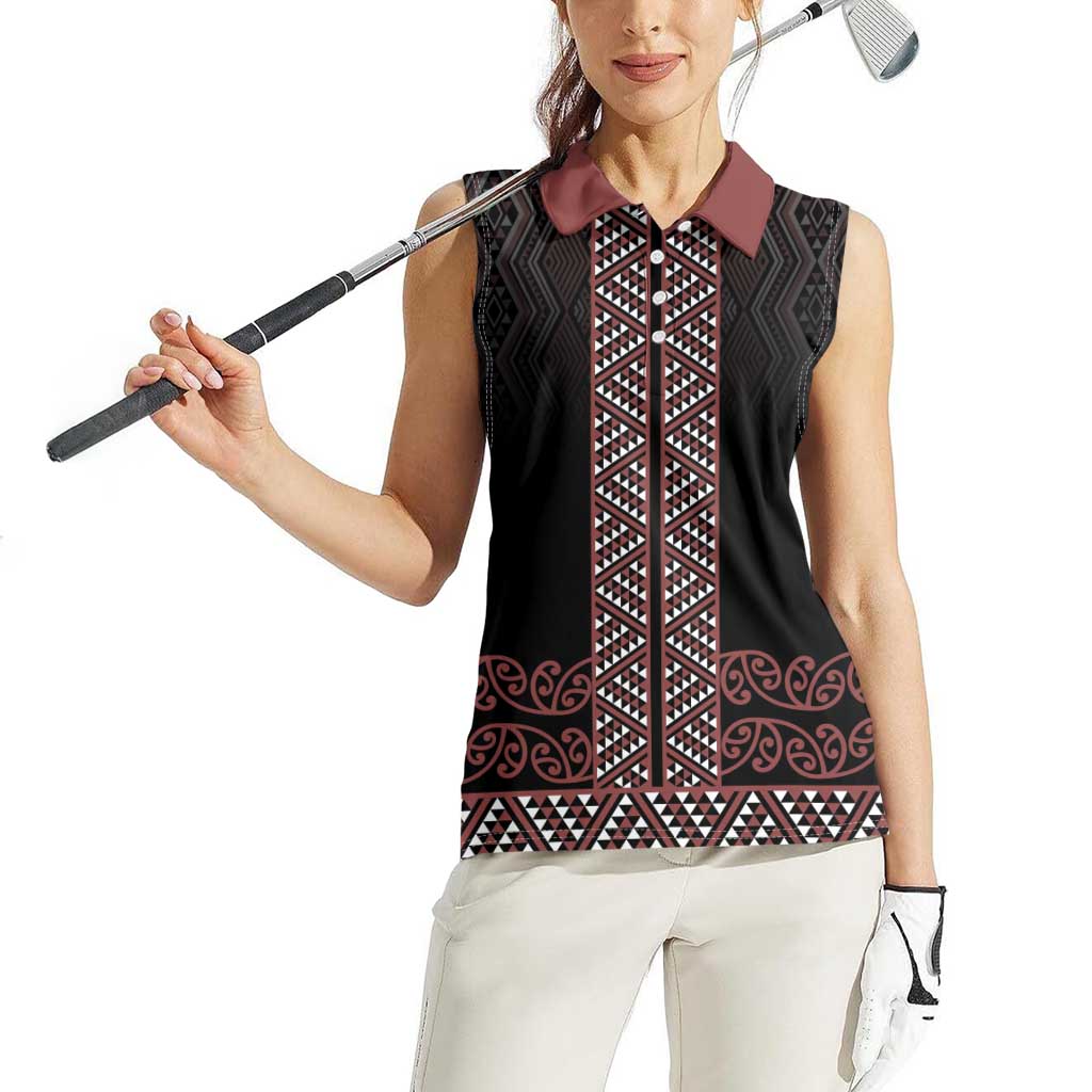 Maori Taniko Patterns Women Sleeveless Polo Shirt Brown Niho Taniwha Mix Paatiki Motifs