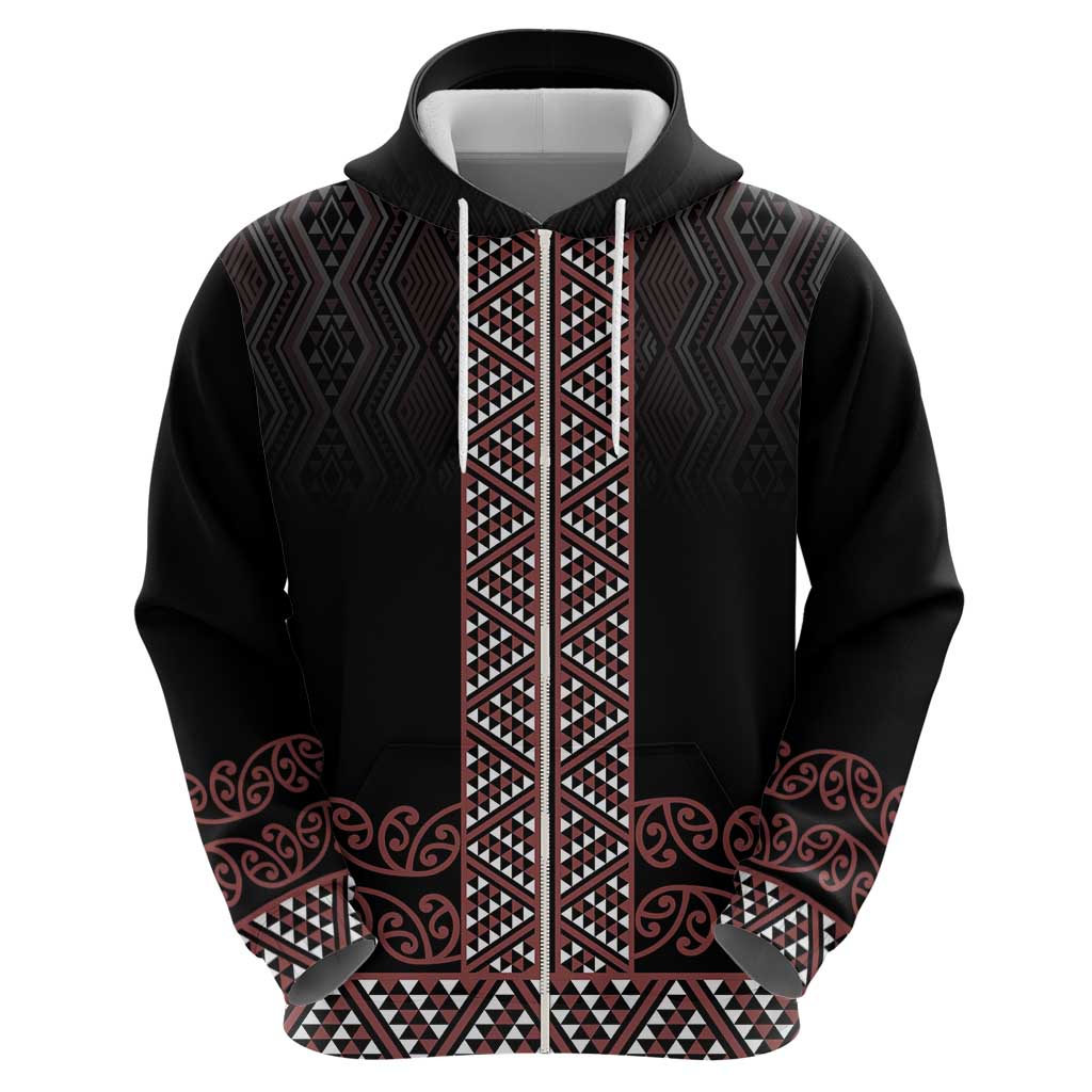 Maori Taniko Patterns Zip Hoodie Brown Niho Taniwha Mix Paatiki Motifs LT7 - Polynesian Pride