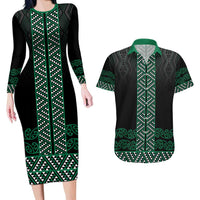 Maori Taniko Patterns Couples Matching Long Sleeve Bodycon Dress and Hawaiian Shirt Pounamu Niho Taniwha Mix Paatiki Motifs LT7 Green - Polynesian Pride