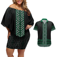 Maori Taniko Patterns Couples Matching Off Shoulder Short Dress and Hawaiian Shirt Pounamu Niho Taniwha Mix Paatiki Motifs