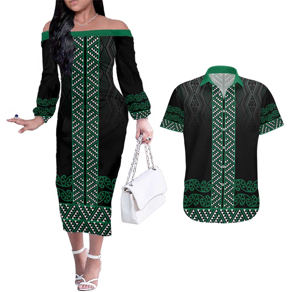 Maori Taniko Patterns Couples Matching Off The Shoulder Long Sleeve Dress and Hawaiian Shirt Pounamu Niho Taniwha Mix Paatiki Motifs LT7 Green - Polynesian Pride