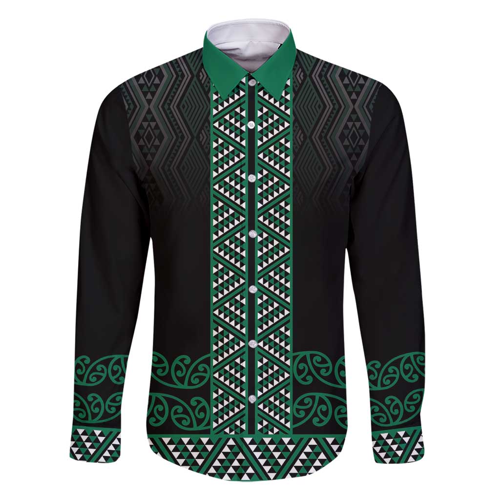 Maori Taniko Patterns Family Matching Long Sleeve Bodycon Dress and Hawaiian Shirt Pounamu Niho Taniwha Mix Paatiki Motifs LT7 Dad's Shirt - Long Sleeve Green - Polynesian Pride