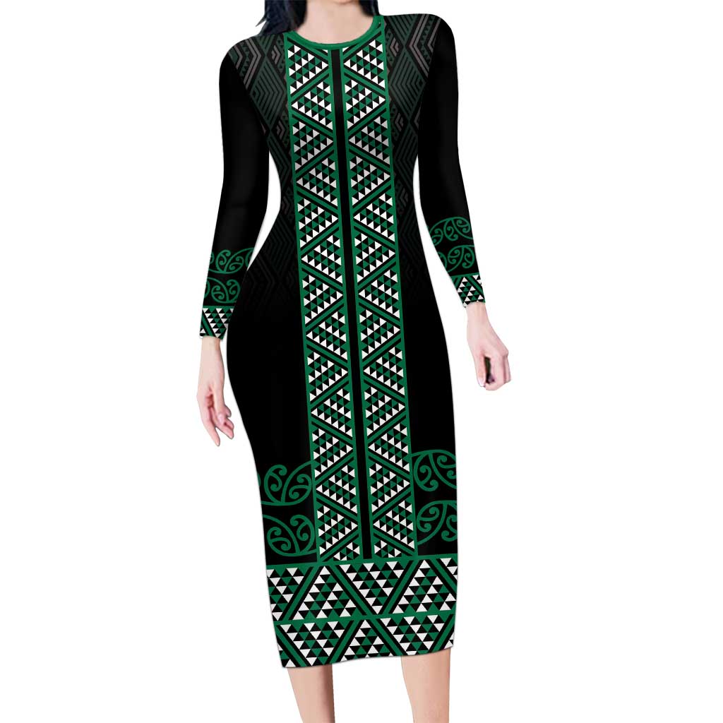 Maori Taniko Patterns Family Matching Long Sleeve Bodycon Dress and Hawaiian Shirt Pounamu Niho Taniwha Mix Paatiki Motifs LT7 Mom's Dress Green - Polynesian Pride