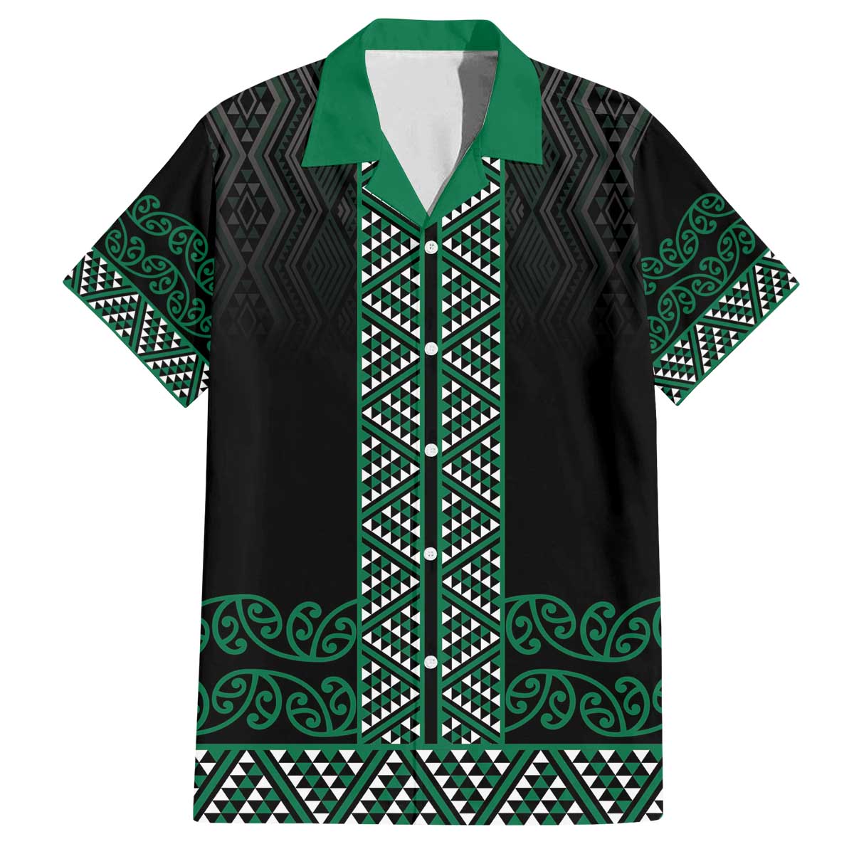 Maori Taniko Patterns Family Matching Off The Shoulder Long Sleeve Dress and Hawaiian Shirt Pounamu Niho Taniwha Mix Paatiki Motifs LT7 Dad's Shirt - Short Sleeve Green - Polynesian Pride