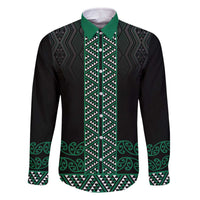Maori Taniko Patterns Family Matching Off The Shoulder Long Sleeve Dress and Hawaiian Shirt Pounamu Niho Taniwha Mix Paatiki Motifs LT7 Dad's Shirt - Long Sleeve Green - Polynesian Pride