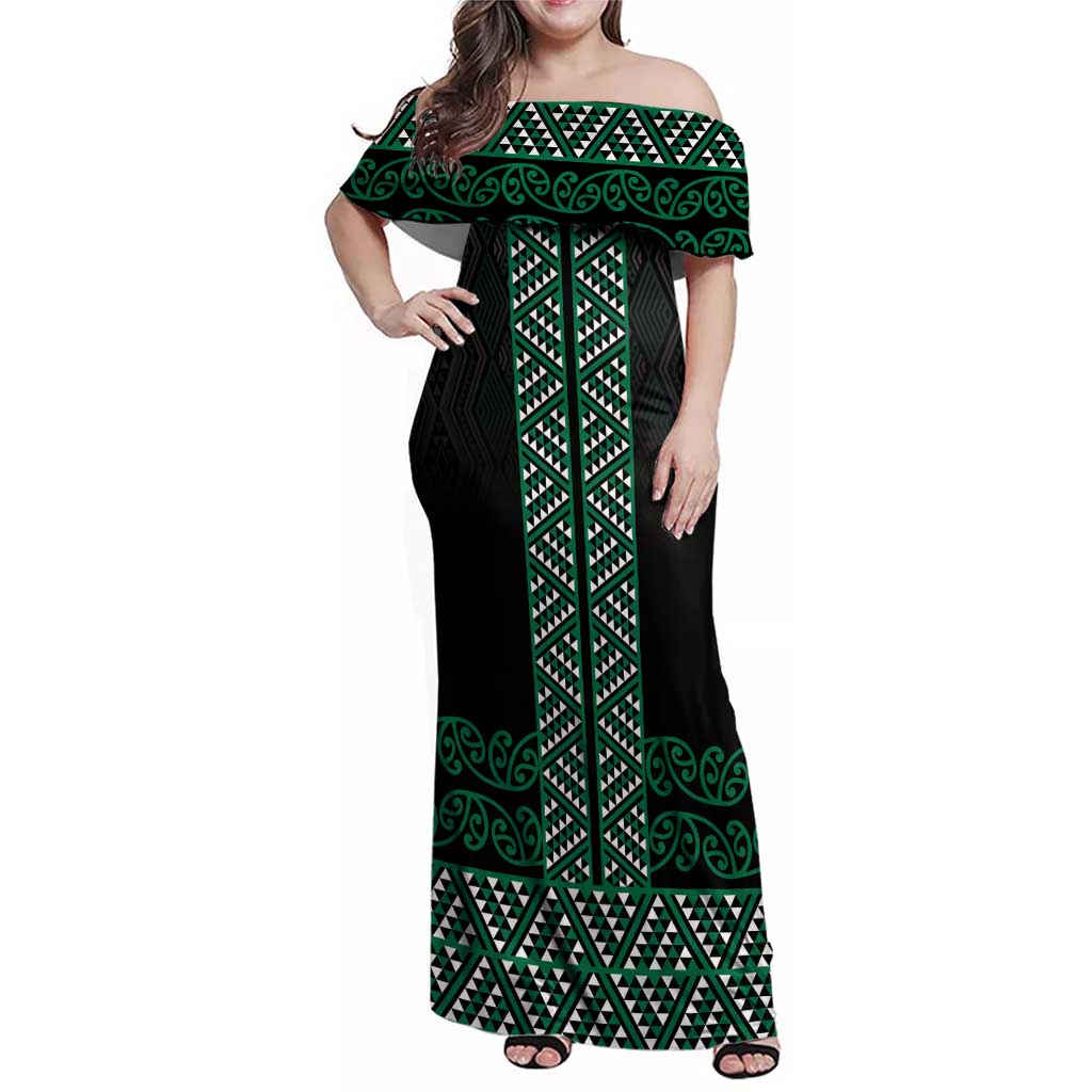 Maori Taniko Patterns Family Matching Off Shoulder Maxi Dress and Hawaiian Shirt Pounamu Niho Taniwha Mix Paatiki Motifs LT7 Mom's Dress Green - Polynesian Pride