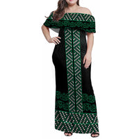 Maori Taniko Patterns Family Matching Off Shoulder Maxi Dress and Hawaiian Shirt Pounamu Niho Taniwha Mix Paatiki Motifs LT7 Mom's Dress Green - Polynesian Pride