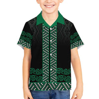 Maori Taniko Patterns Family Matching Off Shoulder Maxi Dress and Hawaiian Shirt Pounamu Niho Taniwha Mix Paatiki Motifs LT7 Son's Shirt Green - Polynesian Pride
