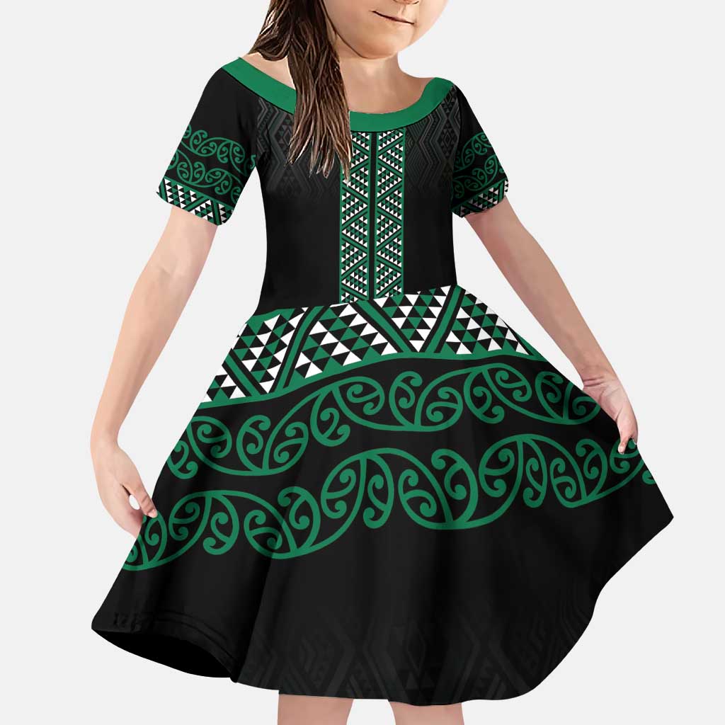 Maori Taniko Patterns Family Matching Puletasi and Hawaiian Shirt Pounamu Niho Taniwha Mix Paatiki Motifs LT7 Daughter's Dress Green - Polynesian Pride