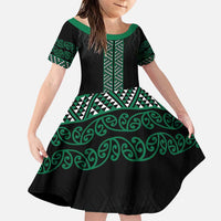 Maori Taniko Patterns Family Matching Puletasi and Hawaiian Shirt Pounamu Niho Taniwha Mix Paatiki Motifs LT7 Daughter's Dress Green - Polynesian Pride