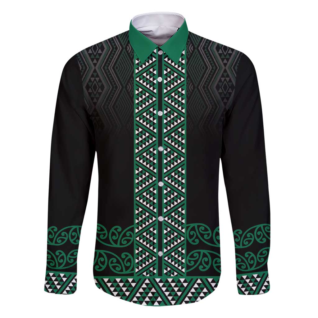 Maori Taniko Patterns Family Matching Short Sleeve Bodycon Dress and Hawaiian Shirt Pounamu Niho Taniwha Mix Paatiki Motifs LT7 Dad's Shirt - Long Sleeve Green - Polynesian Pride