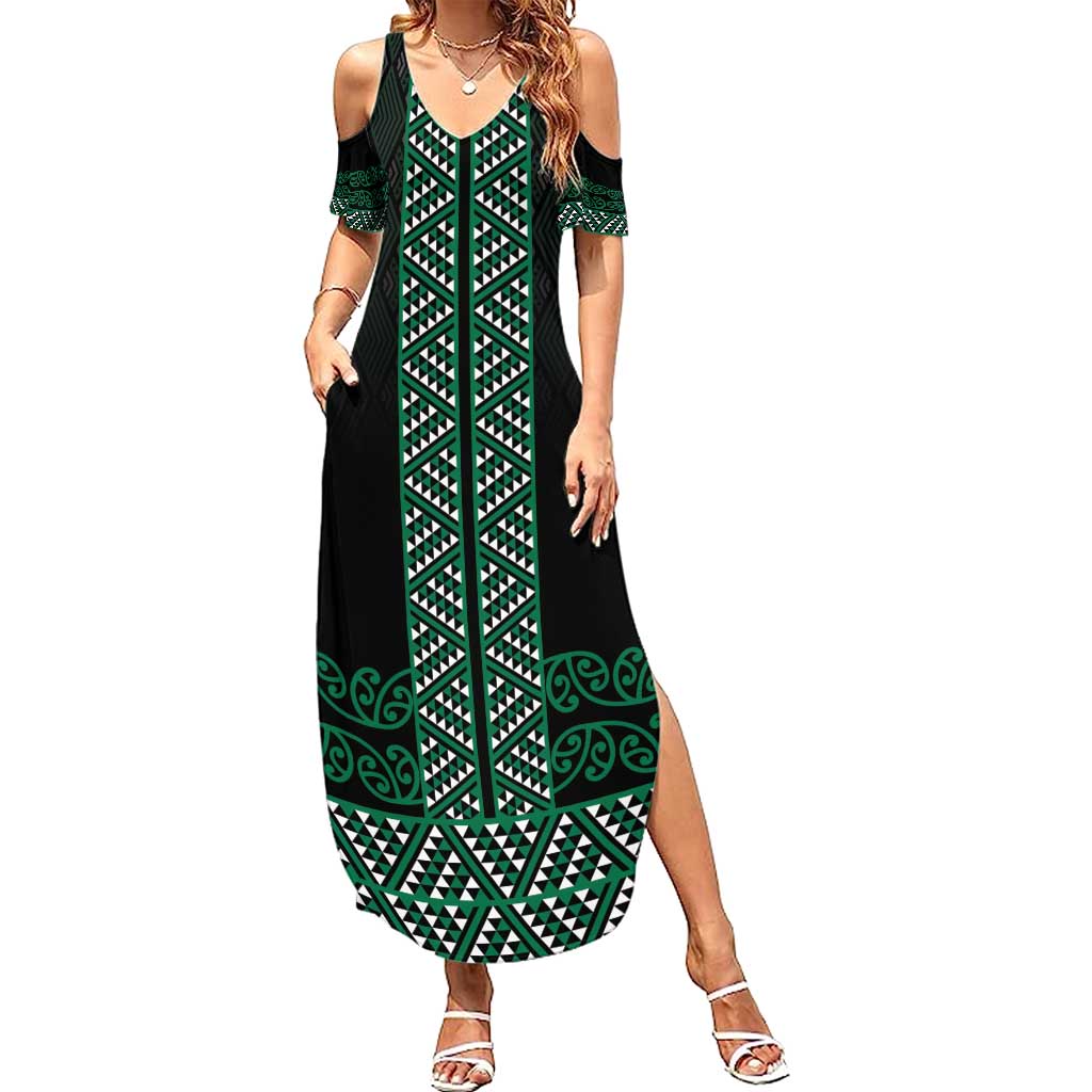 Maori Taniko Patterns Family Matching Summer Maxi Dress and Hawaiian Shirt Pounamu Niho Taniwha Mix Paatiki Motifs LT7 Mom's Dress Green - Polynesian Pride