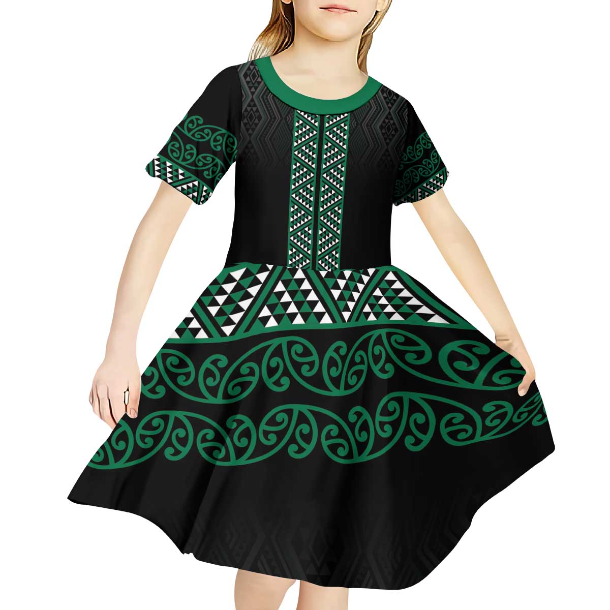 Maori Taniko Patterns Kid Short Sleeve Dress Pounamu Niho Taniwha Mix Paatiki Motifs