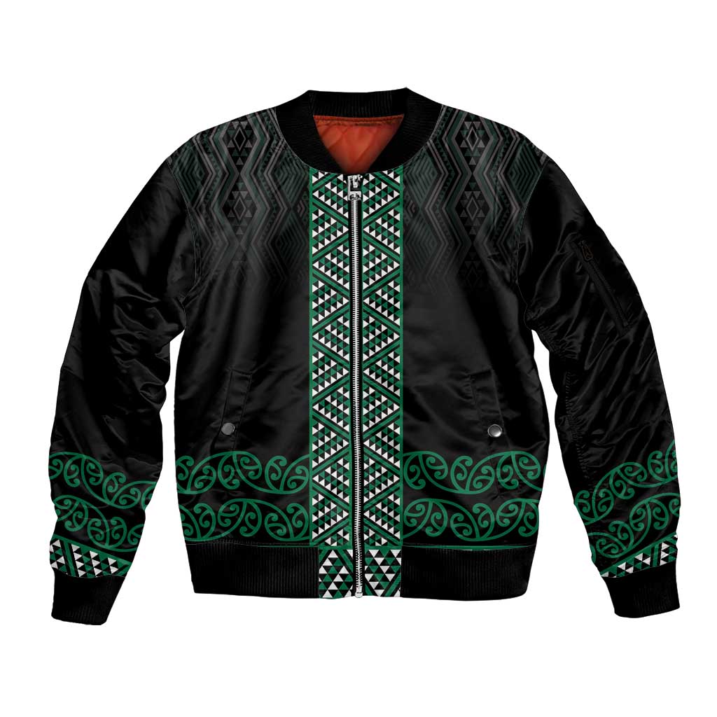 Maori Taniko Patterns Sleeve Zip Bomber Jacket Pounamu Niho Taniwha Mix Paatiki Motifs LT7 Unisex Green - Polynesian Pride