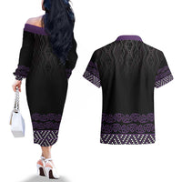 Maori Taniko Patterns Couples Matching Off The Shoulder Long Sleeve Dress and Hawaiian Shirt Purple Niho Taniwha Mix Paatiki Motifs LT7 - Polynesian Pride