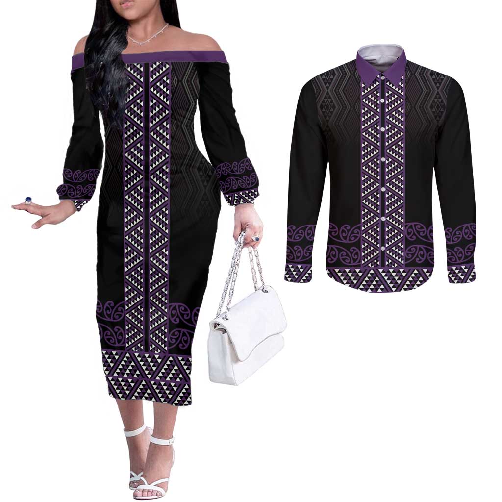 Maori Taniko Patterns Couples Matching Off The Shoulder Long Sleeve Dress and Long Sleeve Button Shirt Purple Niho Taniwha Mix Paatiki Motifs LT7 Purple - Polynesian Pride
