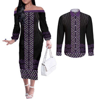 Maori Taniko Patterns Couples Matching Off The Shoulder Long Sleeve Dress and Long Sleeve Button Shirt Purple Niho Taniwha Mix Paatiki Motifs LT7 Purple - Polynesian Pride