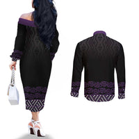 Maori Taniko Patterns Couples Matching Off The Shoulder Long Sleeve Dress and Long Sleeve Button Shirt Purple Niho Taniwha Mix Paatiki Motifs LT7 - Polynesian Pride