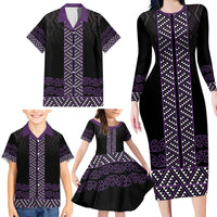 Maori Taniko Patterns Family Matching Long Sleeve Bodycon Dress and Hawaiian Shirt Purple Niho Taniwha Mix Paatiki Motifs LT7 - Polynesian Pride