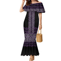 Maori Taniko Patterns Family Matching Mermaid Dress and Hawaiian Shirt Purple Niho Taniwha Mix Paatiki Motifs LT7 Mom's Dress Purple - Polynesian Pride