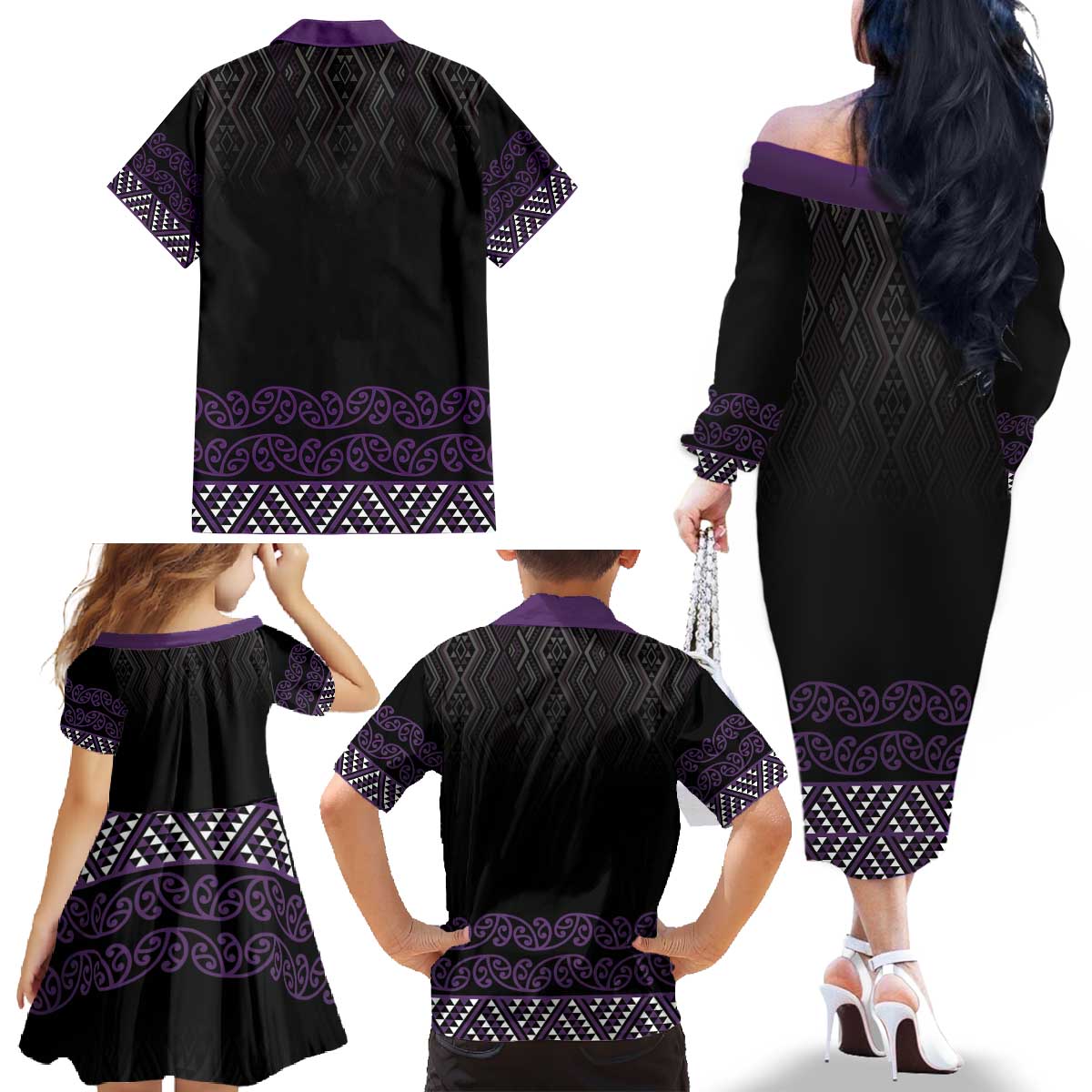 Maori Taniko Patterns Family Matching Off The Shoulder Long Sleeve Dress and Hawaiian Shirt Purple Niho Taniwha Mix Paatiki Motifs LT7 - Polynesian Pride