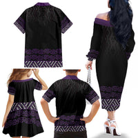 Maori Taniko Patterns Family Matching Off The Shoulder Long Sleeve Dress and Hawaiian Shirt Purple Niho Taniwha Mix Paatiki Motifs LT7 - Polynesian Pride