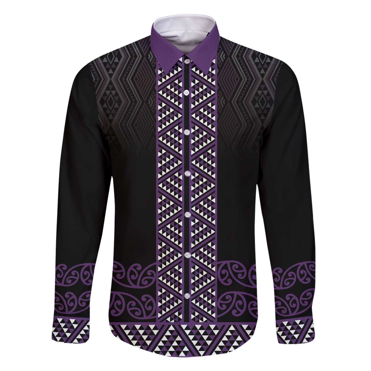 Maori Taniko Patterns Family Matching Off The Shoulder Long Sleeve Dress and Hawaiian Shirt Purple Niho Taniwha Mix Paatiki Motifs LT7 Dad's Shirt - Long Sleeve Purple - Polynesian Pride