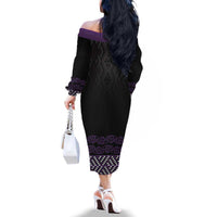 Maori Taniko Patterns Family Matching Off The Shoulder Long Sleeve Dress and Hawaiian Shirt Purple Niho Taniwha Mix Paatiki Motifs LT7 - Polynesian Pride