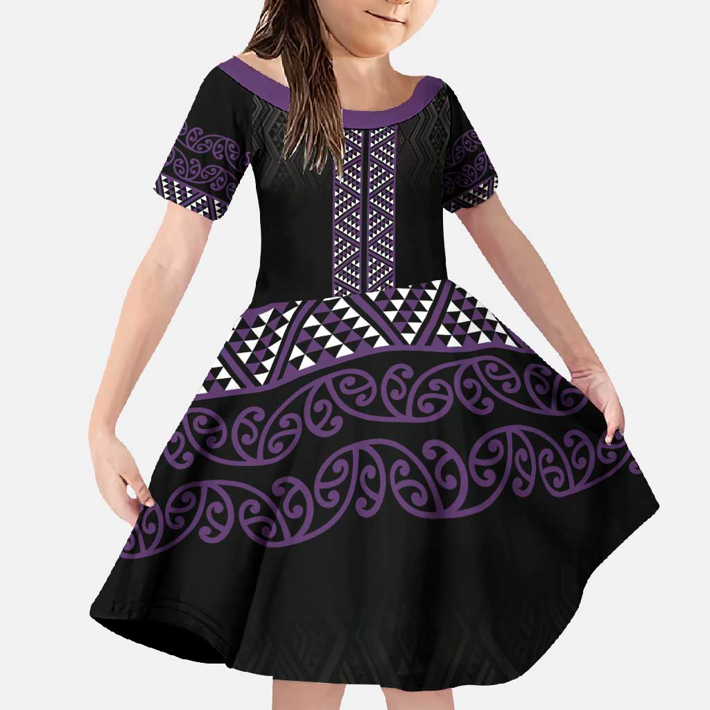 Maori Taniko Patterns Family Matching Off Shoulder Maxi Dress and Hawaiian Shirt Purple Niho Taniwha Mix Paatiki Motifs LT7 Daughter's Dress Purple - Polynesian Pride