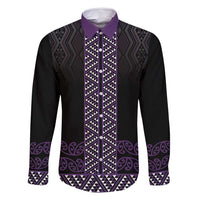 Maori Taniko Patterns Family Matching Off Shoulder Maxi Dress and Hawaiian Shirt Purple Niho Taniwha Mix Paatiki Motifs LT7 Dad's Shirt - Long Sleeve Purple - Polynesian Pride