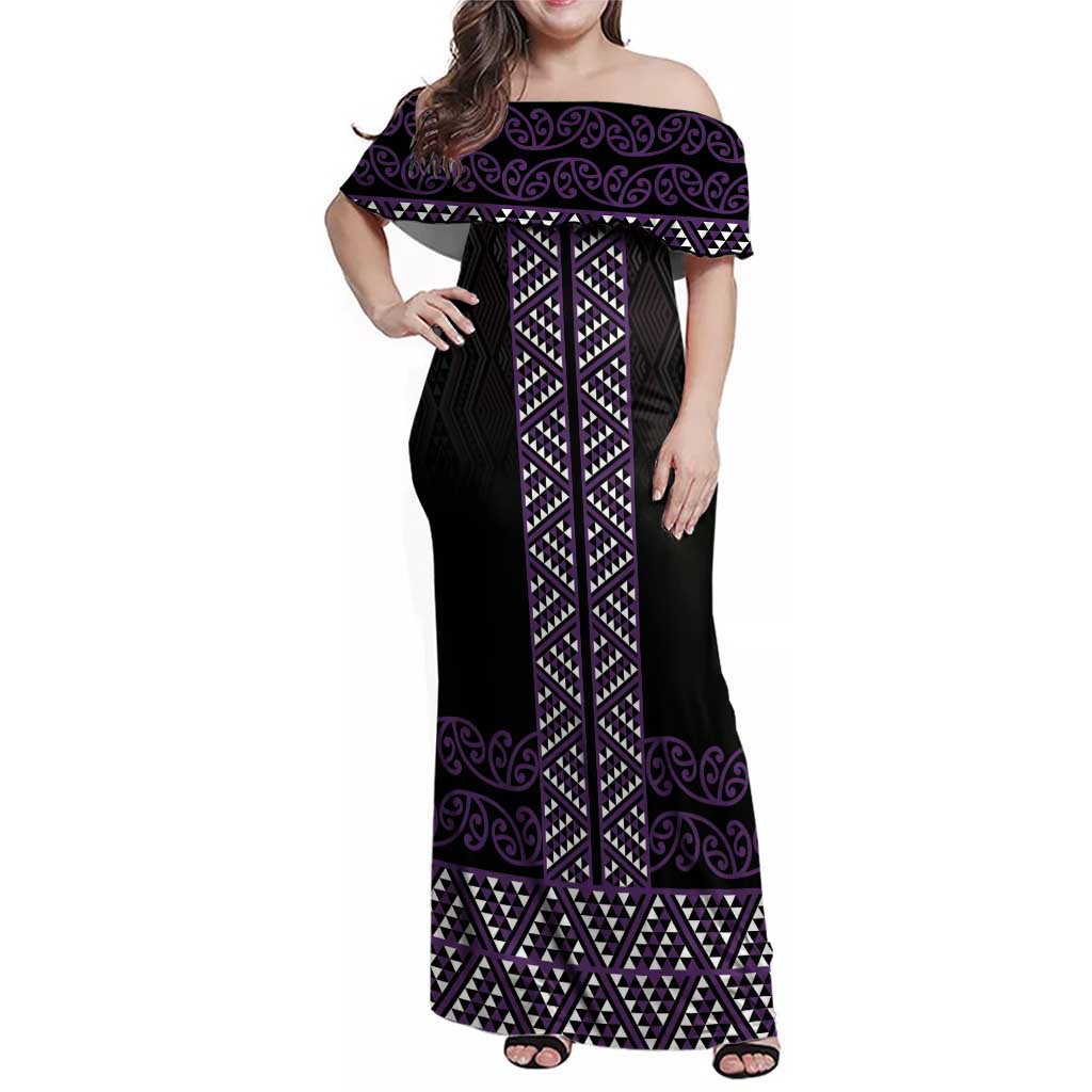 Maori Taniko Patterns Family Matching Off Shoulder Maxi Dress and Hawaiian Shirt Purple Niho Taniwha Mix Paatiki Motifs LT7 Mom's Dress Purple - Polynesian Pride