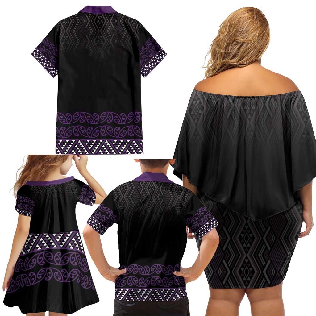 Maori Taniko Patterns Family Matching Off Shoulder Short Dress and Hawaiian Shirt Purple Niho Taniwha Mix Paatiki Motifs LT7 - Polynesian Pride