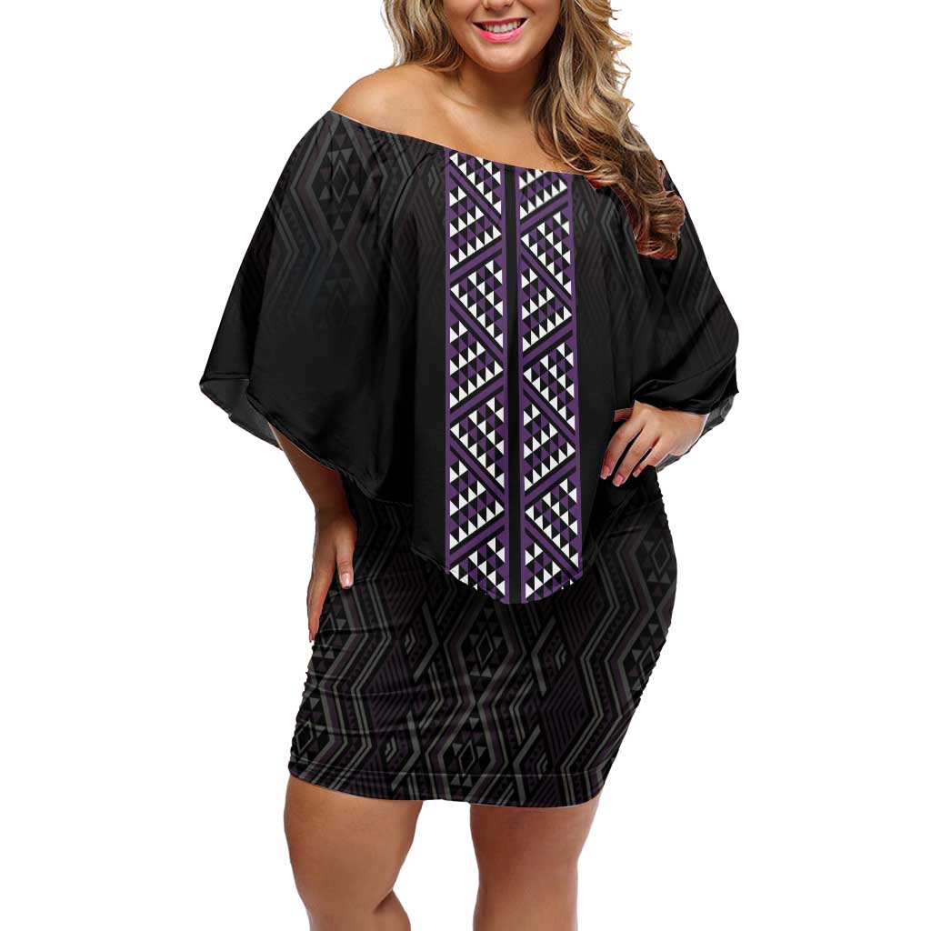 Maori Taniko Patterns Family Matching Off Shoulder Short Dress and Hawaiian Shirt Purple Niho Taniwha Mix Paatiki Motifs LT7 Mom's Dress Purple - Polynesian Pride