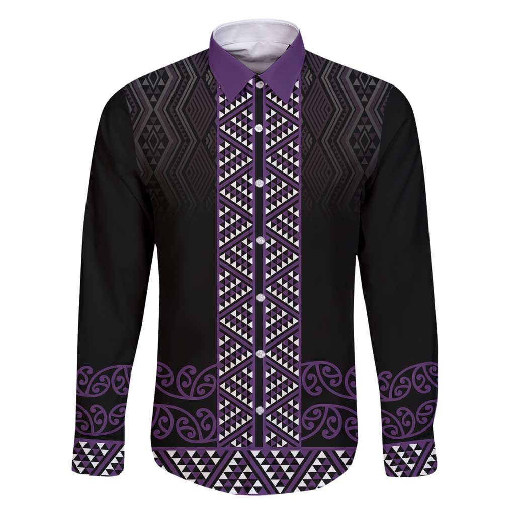 Maori Taniko Patterns Family Matching Puletasi and Hawaiian Shirt Purple Niho Taniwha Mix Paatiki Motifs LT7 Dad's Shirt - Long Sleeve Purple - Polynesian Pride