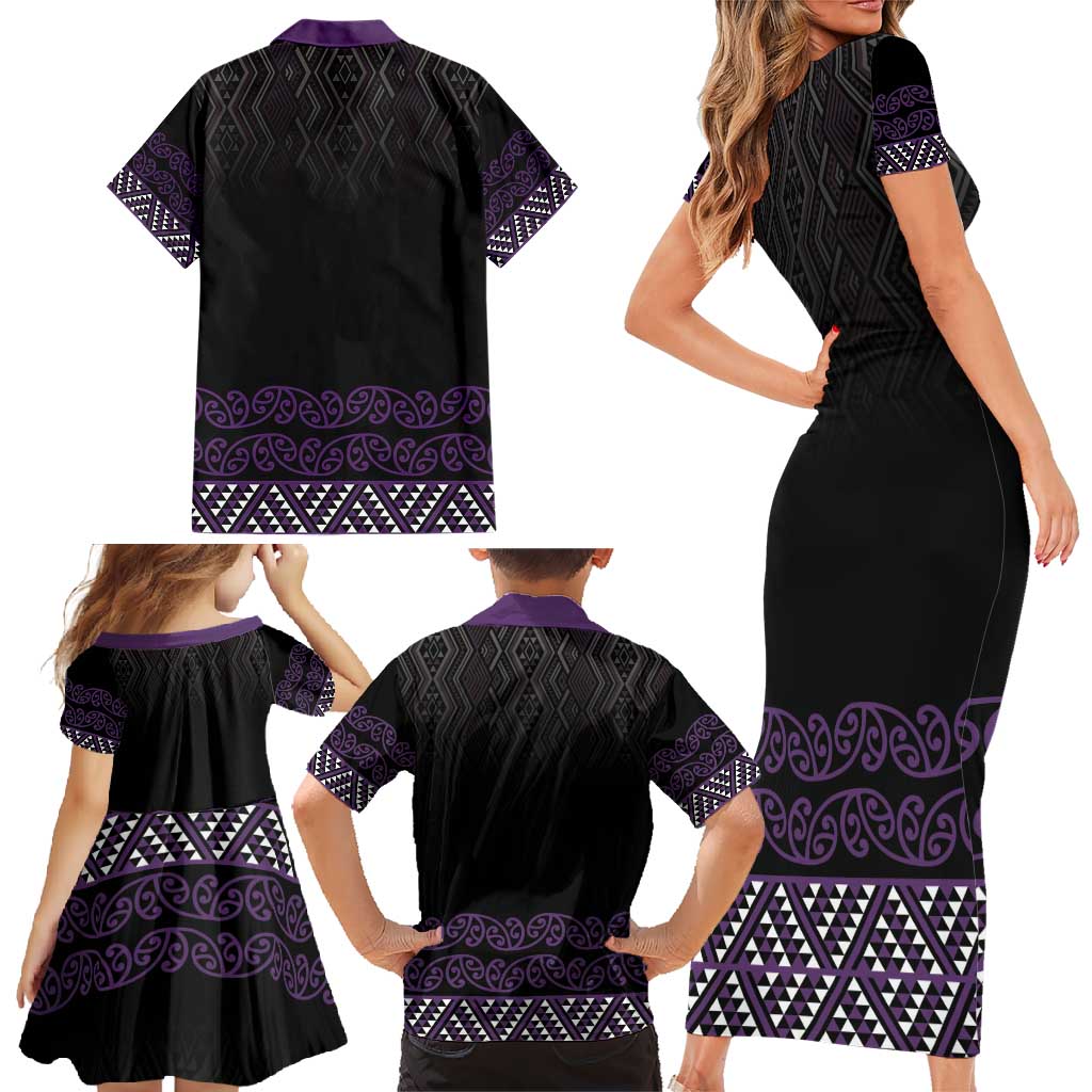 Maori Taniko Patterns Family Matching Short Sleeve Bodycon Dress and Hawaiian Shirt Purple Niho Taniwha Mix Paatiki Motifs LT7 - Polynesian Pride
