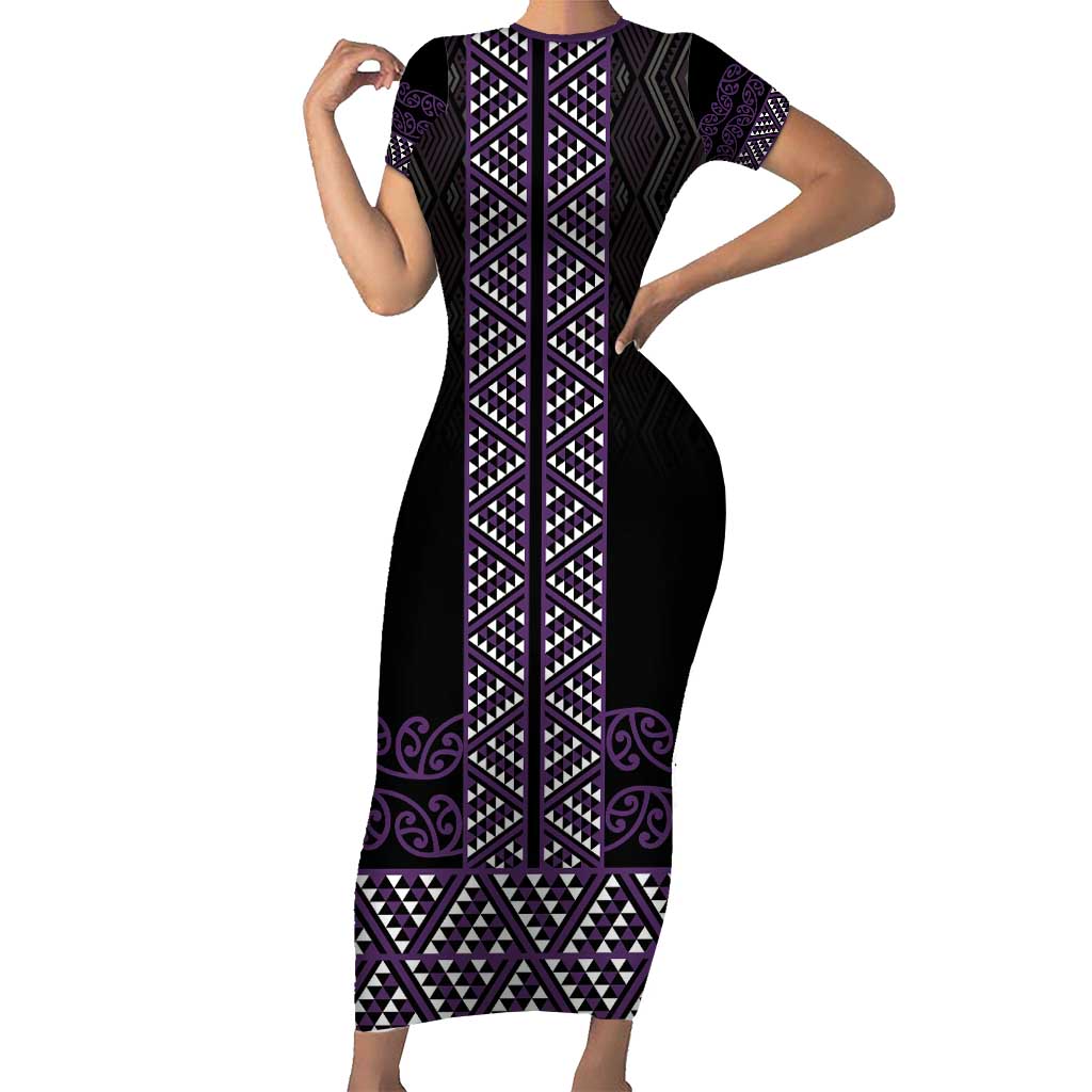 Maori Taniko Patterns Family Matching Short Sleeve Bodycon Dress and Hawaiian Shirt Purple Niho Taniwha Mix Paatiki Motifs LT7 Mom's Dress Purple - Polynesian Pride