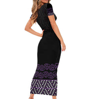 Maori Taniko Patterns Family Matching Short Sleeve Bodycon Dress and Hawaiian Shirt Purple Niho Taniwha Mix Paatiki Motifs LT7 - Polynesian Pride