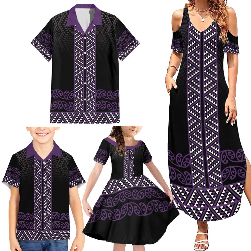 Maori Taniko Patterns Family Matching Summer Maxi Dress and Hawaiian Shirt Purple Niho Taniwha Mix Paatiki Motifs LT7 - Polynesian Pride