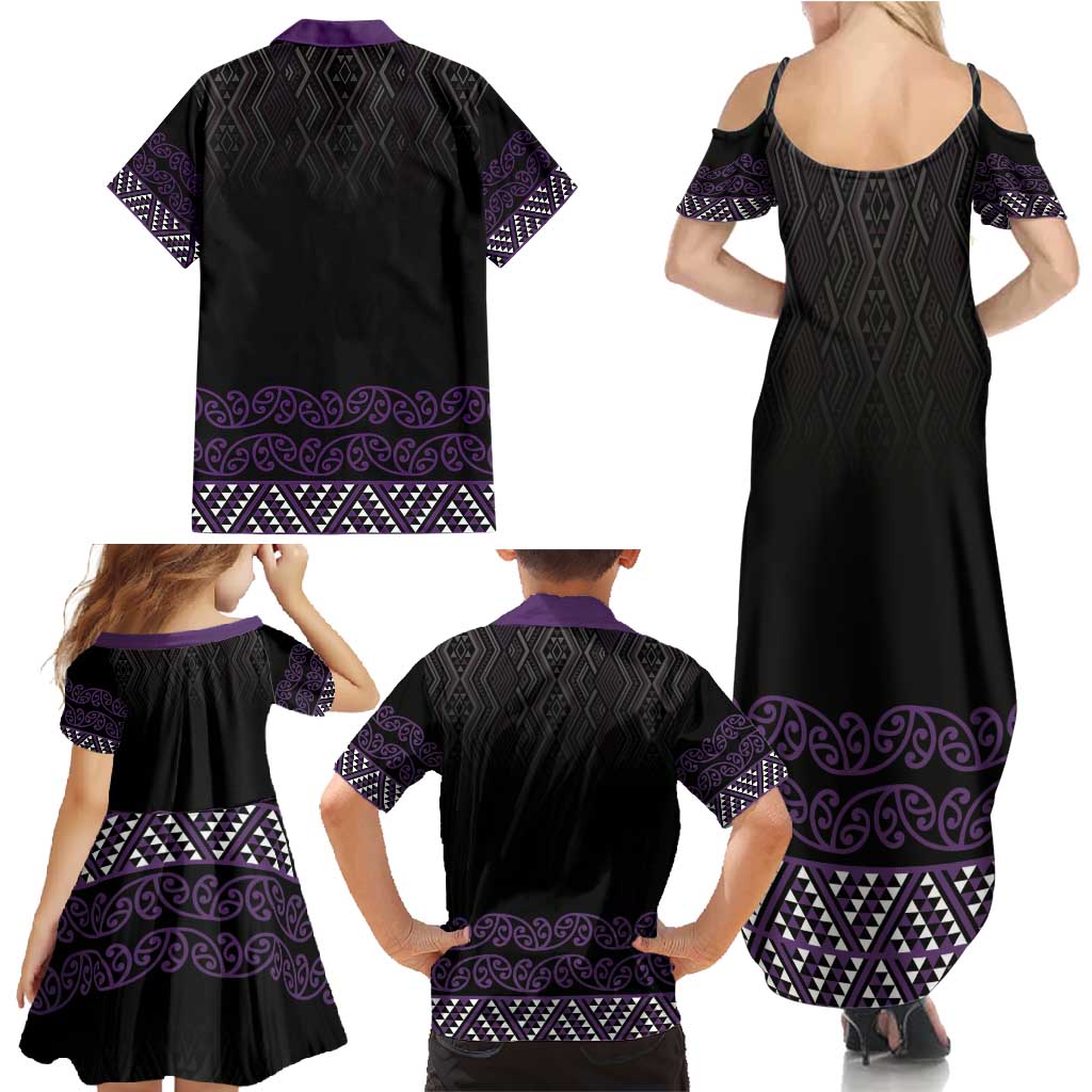 Maori Taniko Patterns Family Matching Summer Maxi Dress and Hawaiian Shirt Purple Niho Taniwha Mix Paatiki Motifs LT7 - Polynesian Pride