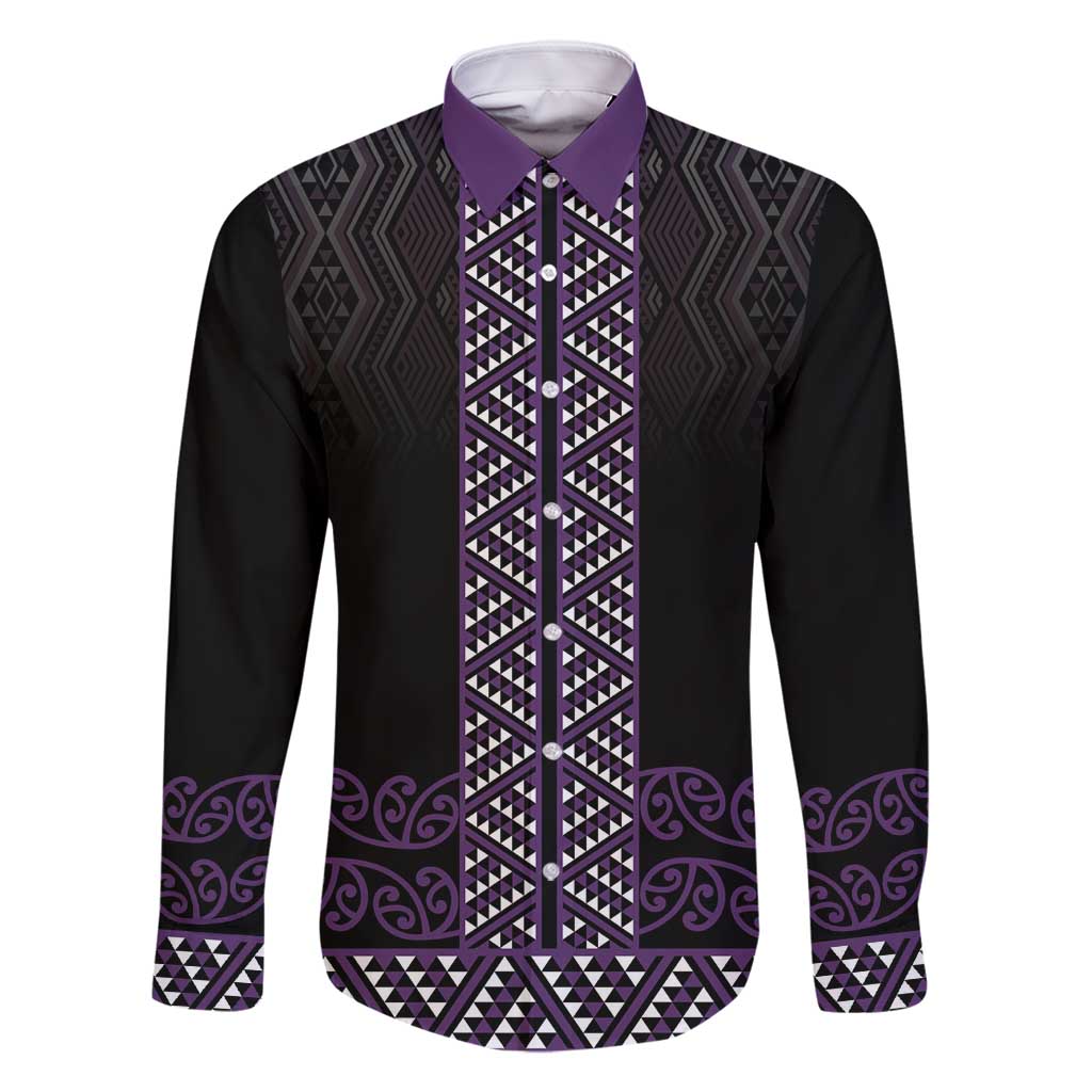 Maori Taniko Patterns Family Matching Summer Maxi Dress and Hawaiian Shirt Purple Niho Taniwha Mix Paatiki Motifs LT7 Dad's Shirt - Long Sleeve Purple - Polynesian Pride