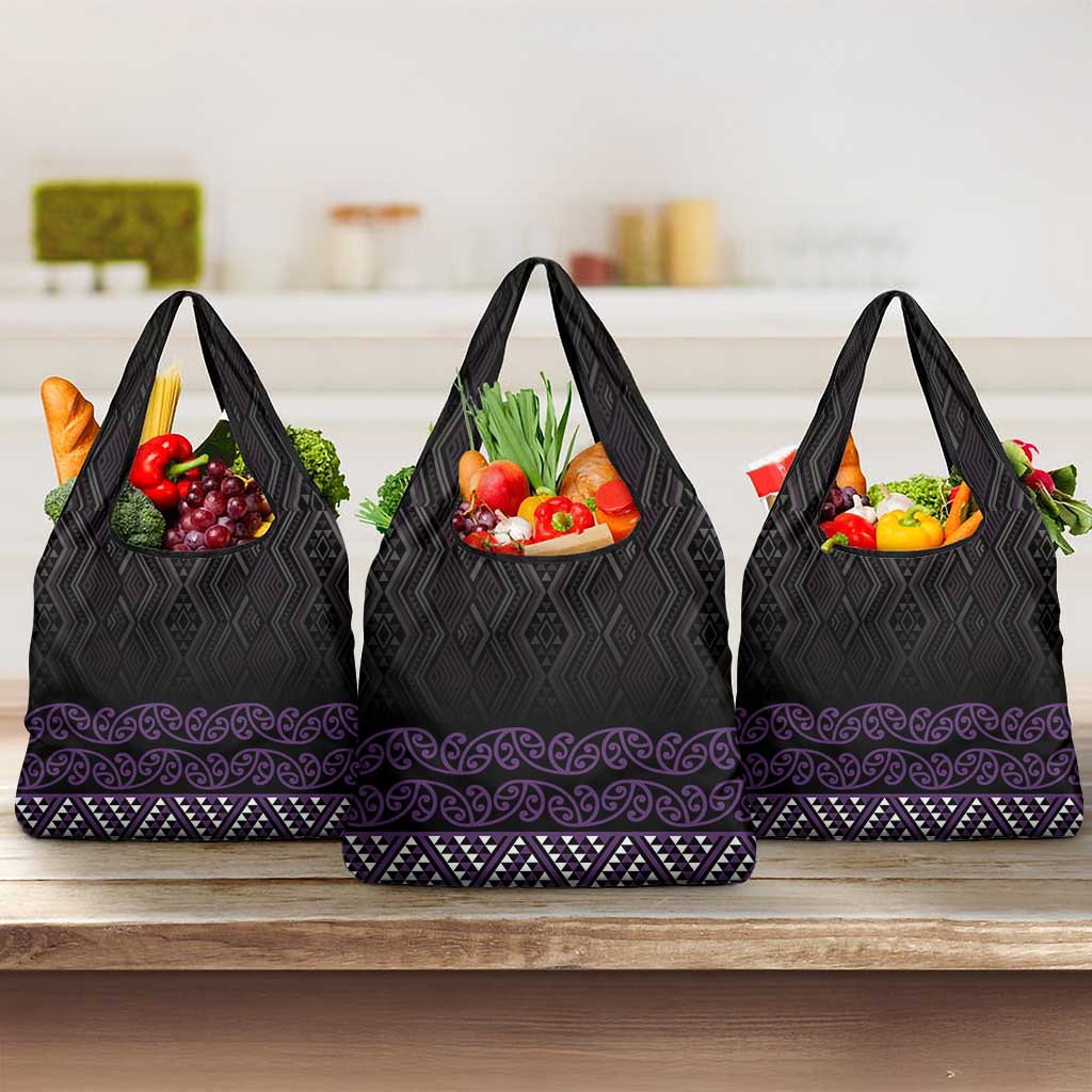 Maori Taniko Patterns Grocery Bag Purple Niho Taniwha Mix Paatiki Motifs