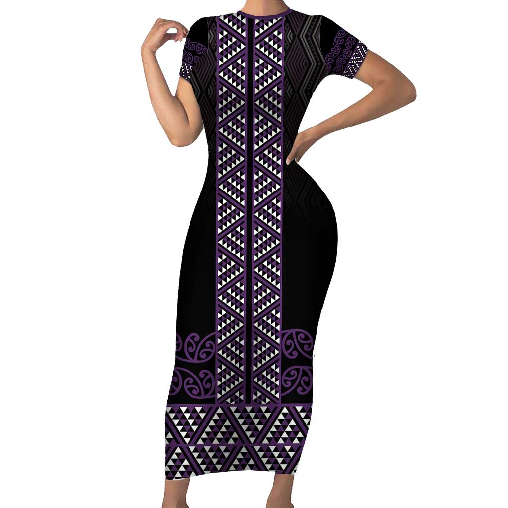 Maori Taniko Patterns Short Sleeve Bodycon Dress Purple Niho Taniwha Mix Paatiki Motifs
