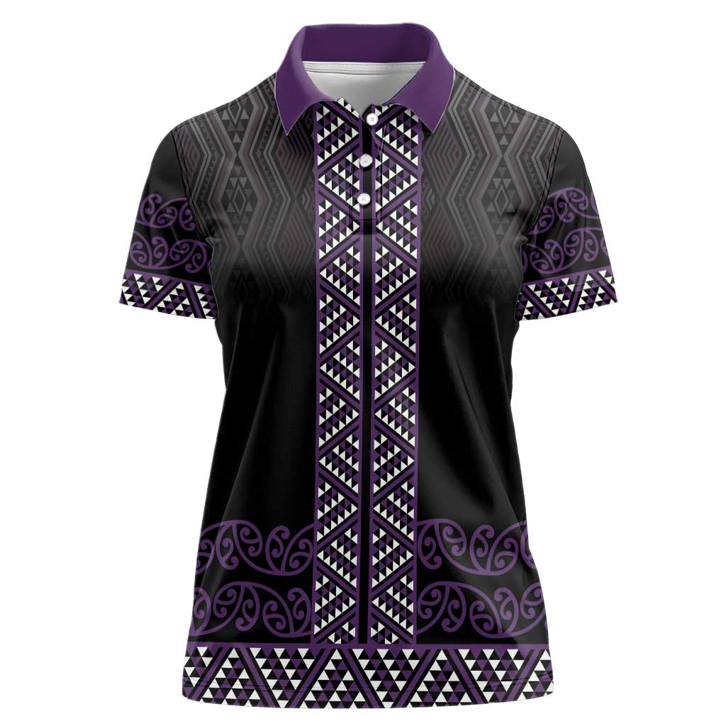 Maori Taniko Patterns Women Polo Shirt Purple Niho Taniwha Mix Paatiki Motifs