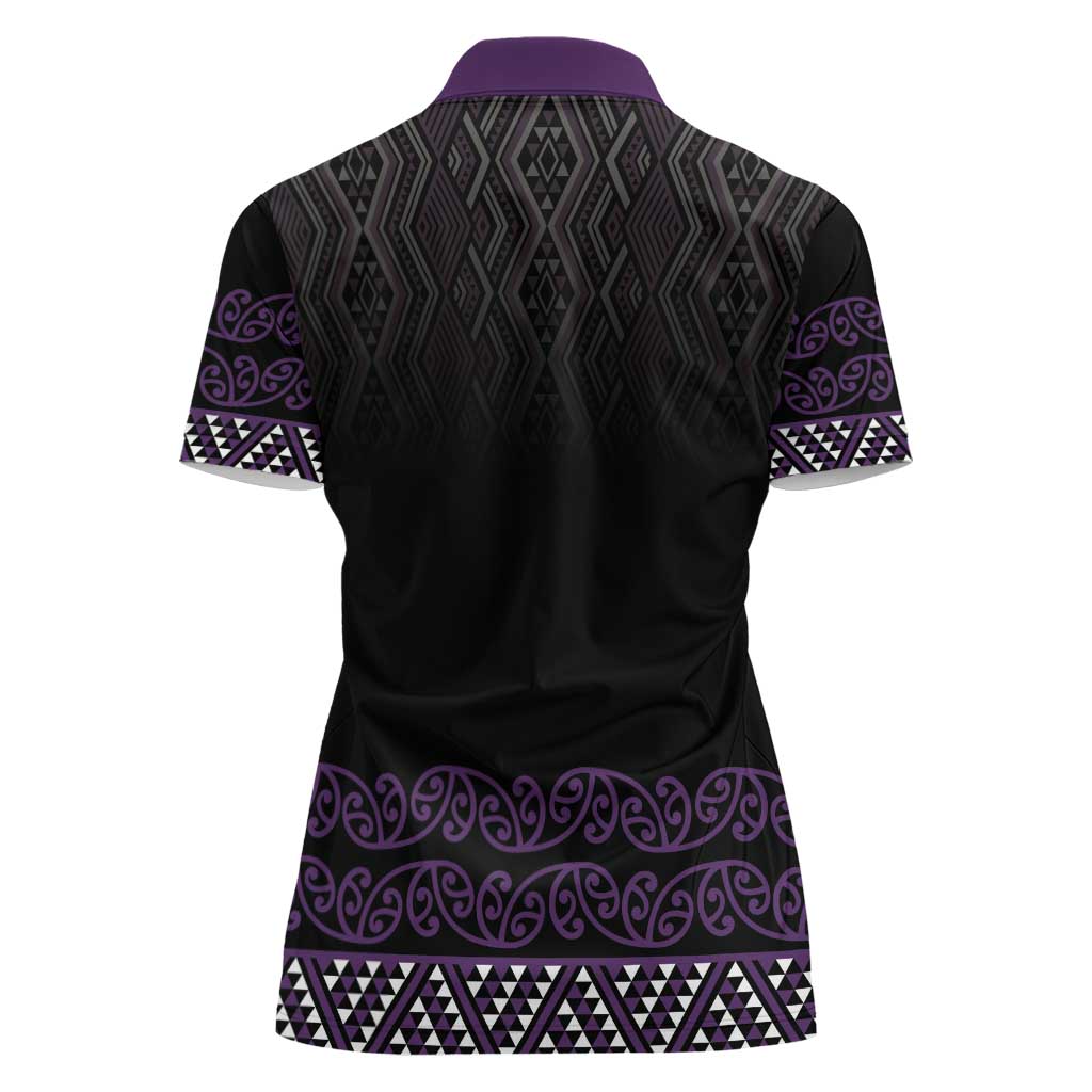 Maori Taniko Patterns Women Polo Shirt Purple Niho Taniwha Mix Paatiki Motifs