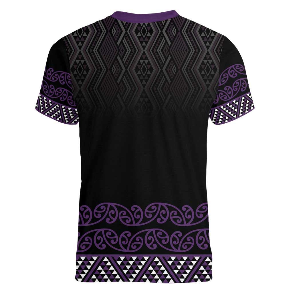 Maori Taniko Patterns Women V-Neck T-Shirt Purple Niho Taniwha Mix Paatiki Motifs