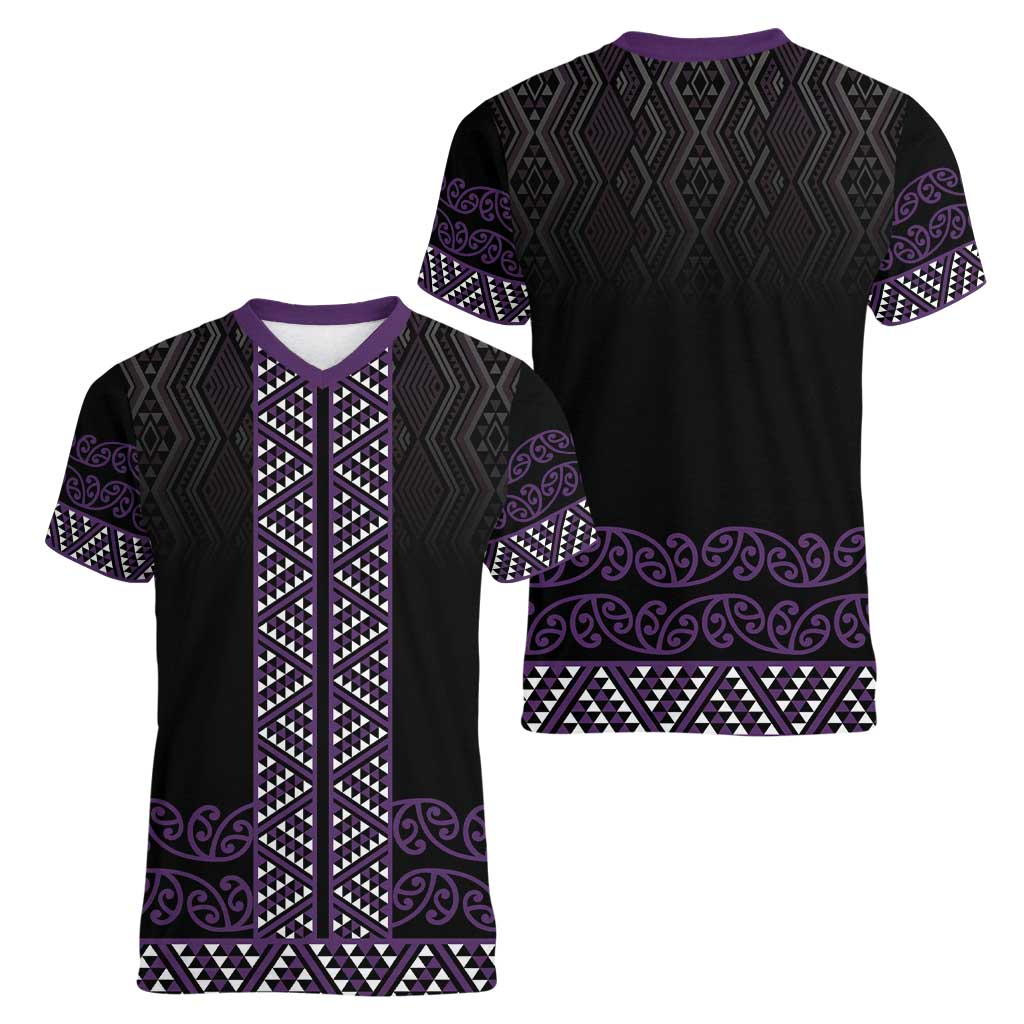 Maori Taniko Patterns Women V-Neck T-Shirt Purple Niho Taniwha Mix Paatiki Motifs