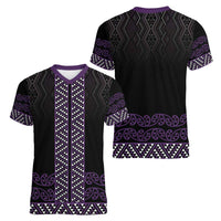 Maori Taniko Patterns Women V-Neck T-Shirt Purple Niho Taniwha Mix Paatiki Motifs