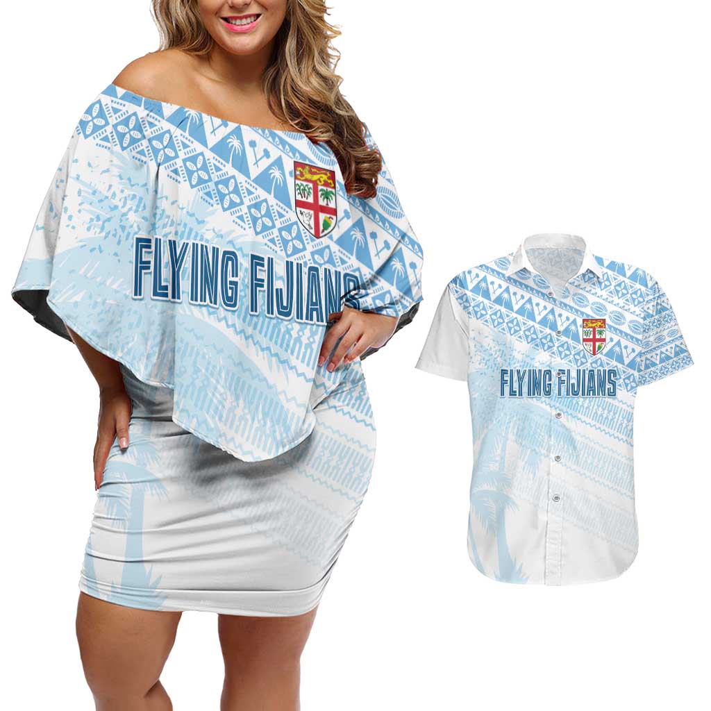 Fiji Rugby Custom Kaiviti Masi Couples Matching Off Shoulder Short Dress and Hawaiian Shirt Turquoise - Polynesian Pride