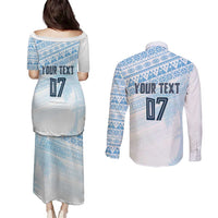 Fiji Rugby Custom Kaiviti Masi Couples Matching Puletasi and Long Sleeve Button Shirt Turquoise - Polynesian Pride