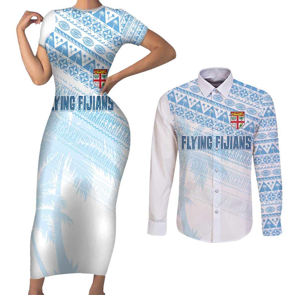 Fiji Rugby Custom Kaiviti Masi Couples Matching Short Sleeve Bodycon Dress and Long Sleeve Button Shirt Turquoise - Polynesian Pride